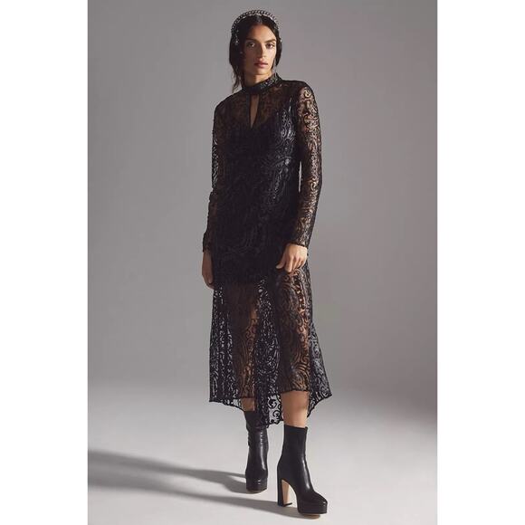 Anthropologie Dresses & Skirts - By Anthropologie Sheer Laser-Cut Midi Dress Sz 10 Black